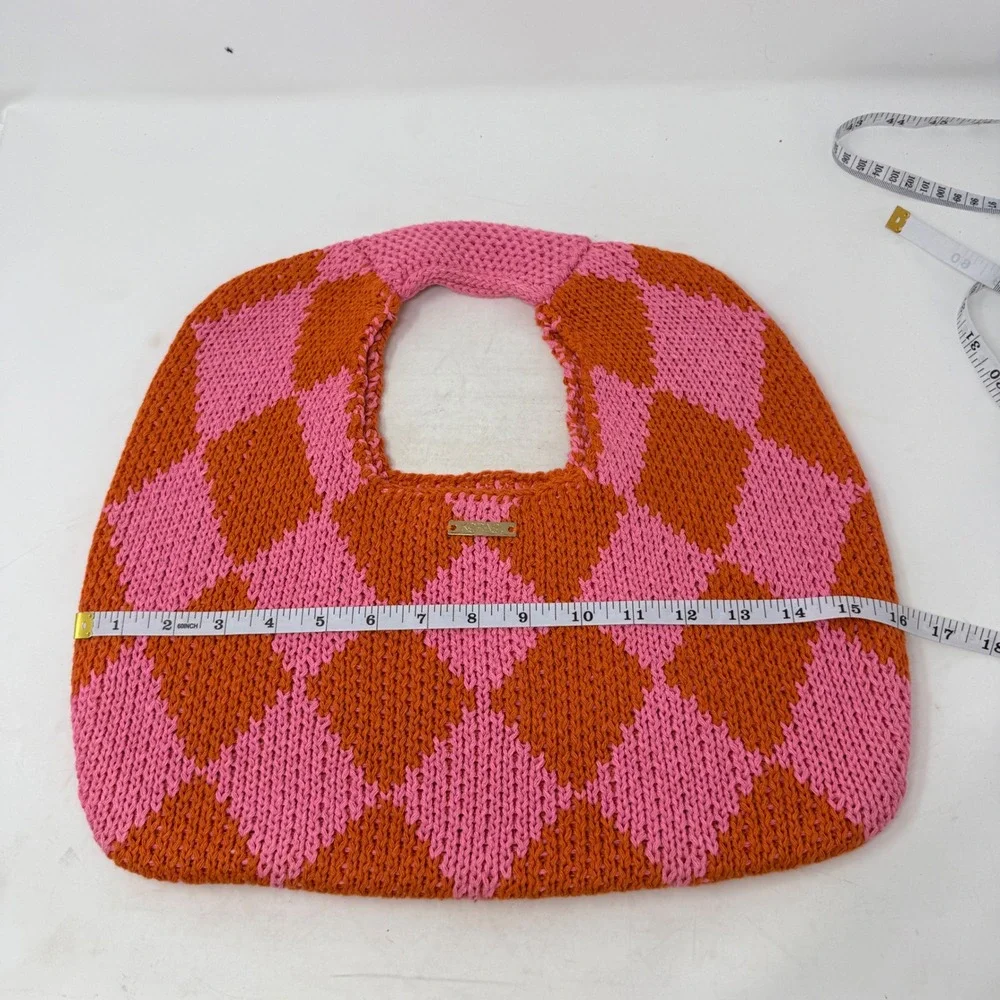 Kopari Pink Orange Checkered Knit Tote Bag Harlequin Pattern Top Handle Bag